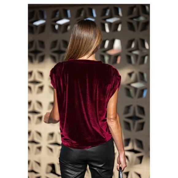 Amaryllis Velvet Rouge Ruched Shoulder Top Wine Burgundy Maroon Red Size S - Picture 7 of 7